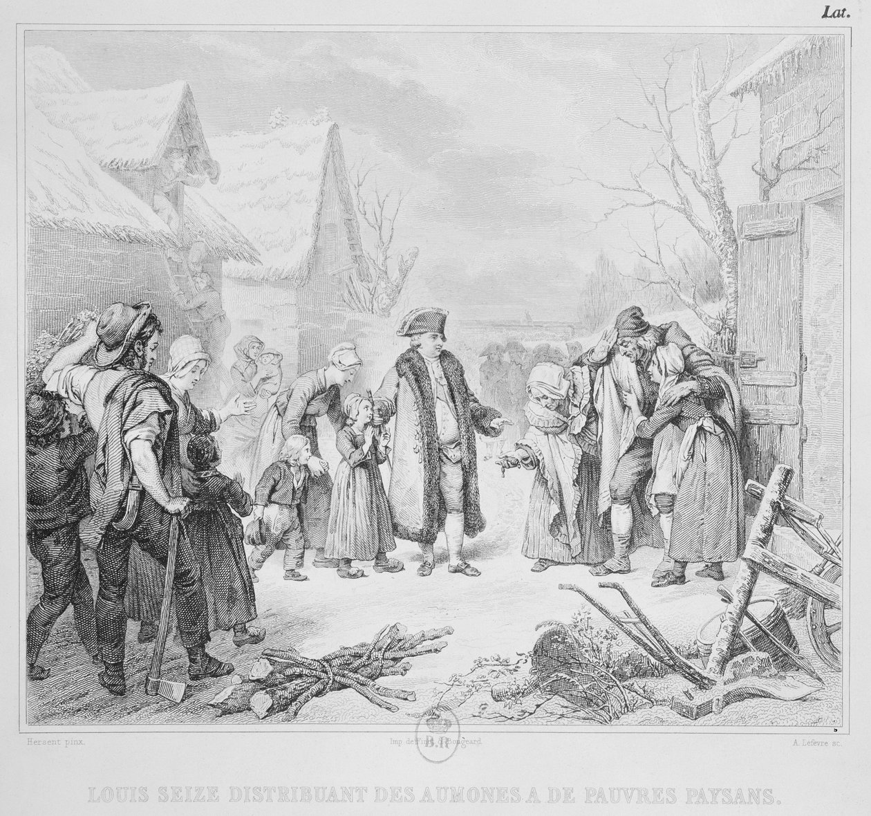 ルイ16世（1754-93）1788年の農民への施しの配布、A。ルフェーヴルの彫刻 作： ルイーズ・マリー・ジャンヌ・ハーセント