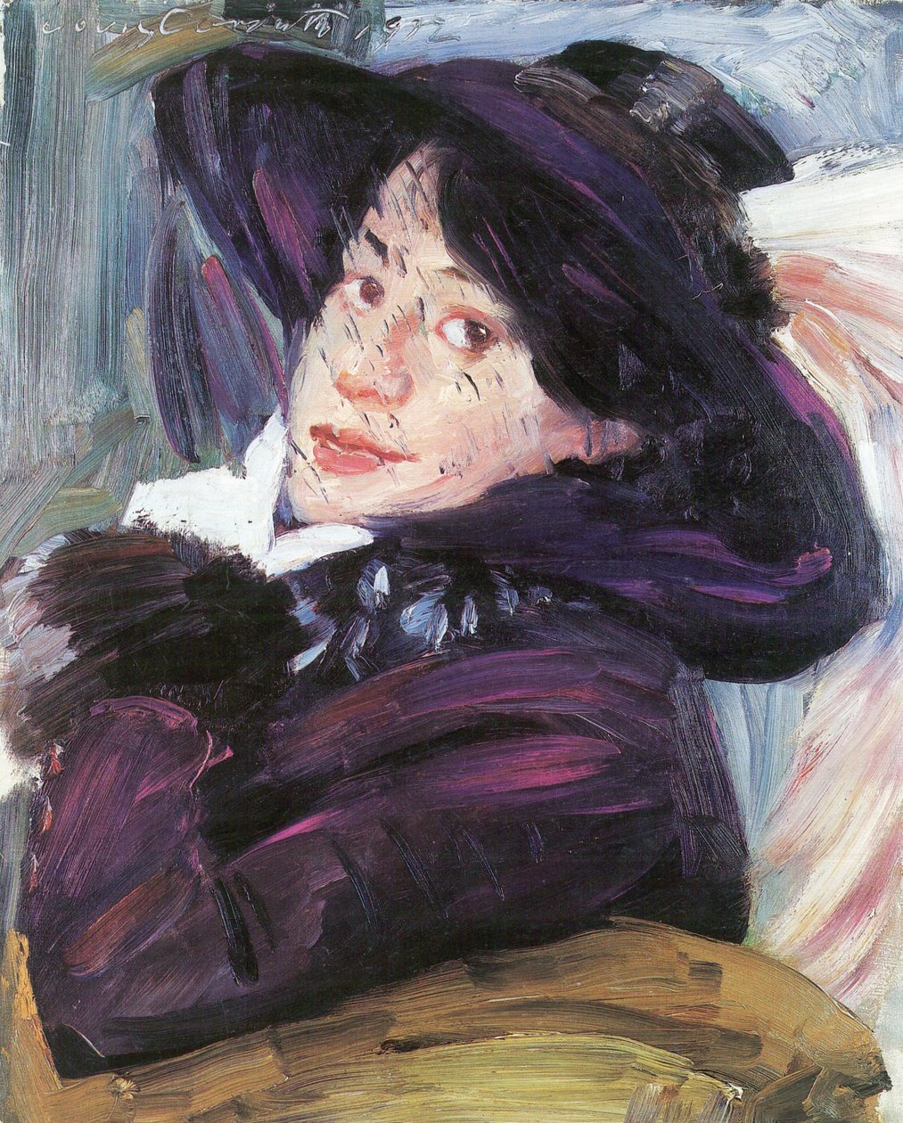 紫色の帽子を持つ女性の肖像画 作： ロヴィス・コリント