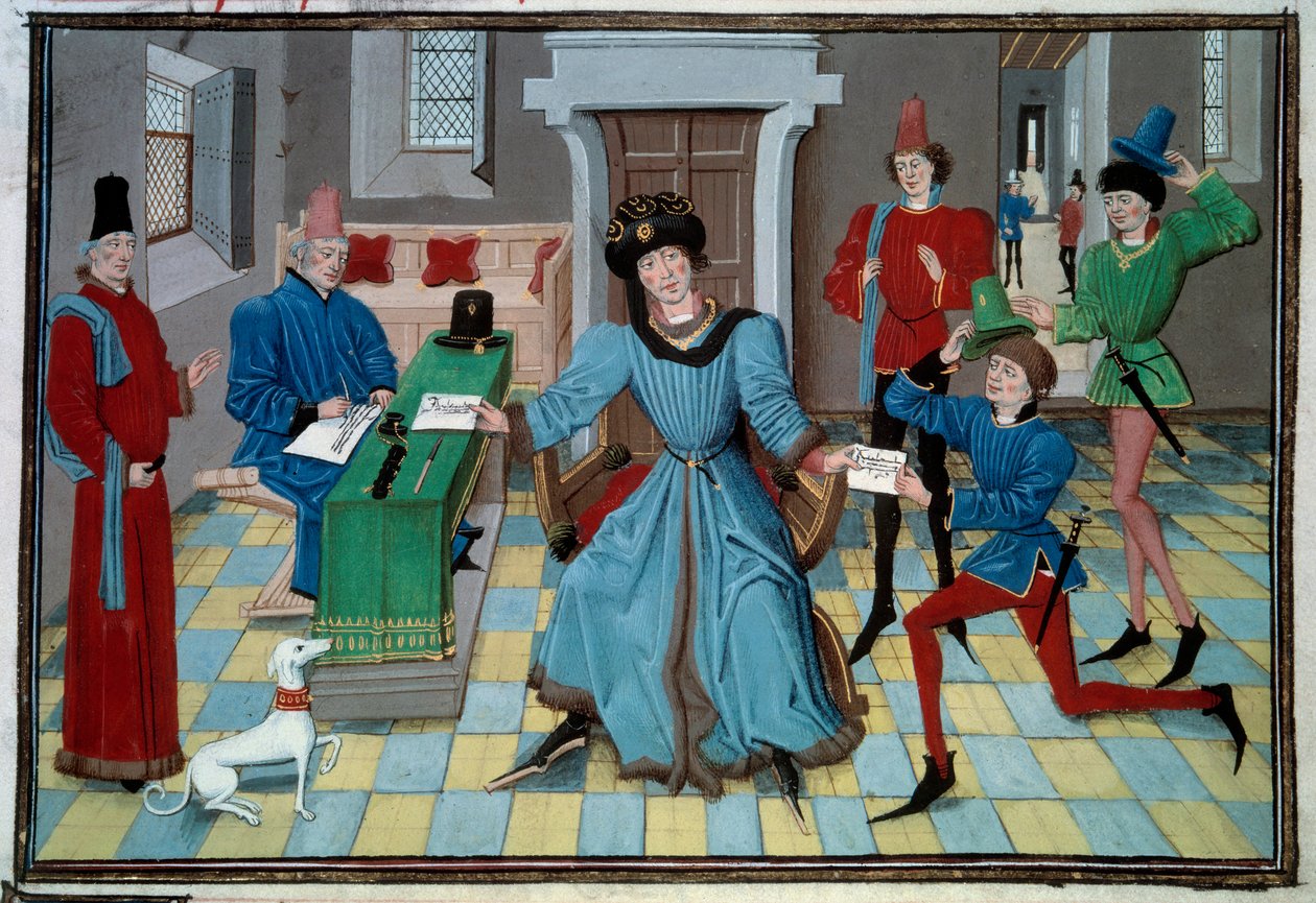 Loyset Liedet（1448年から1478年の間に活躍）の写本「Renaud de Montauban」または「Les quatre fils Aymon」から、ミニチュアの使者の到着。Ms.5073。15世紀 パリ、アルセナル図書館 作： ロイセットリーデット