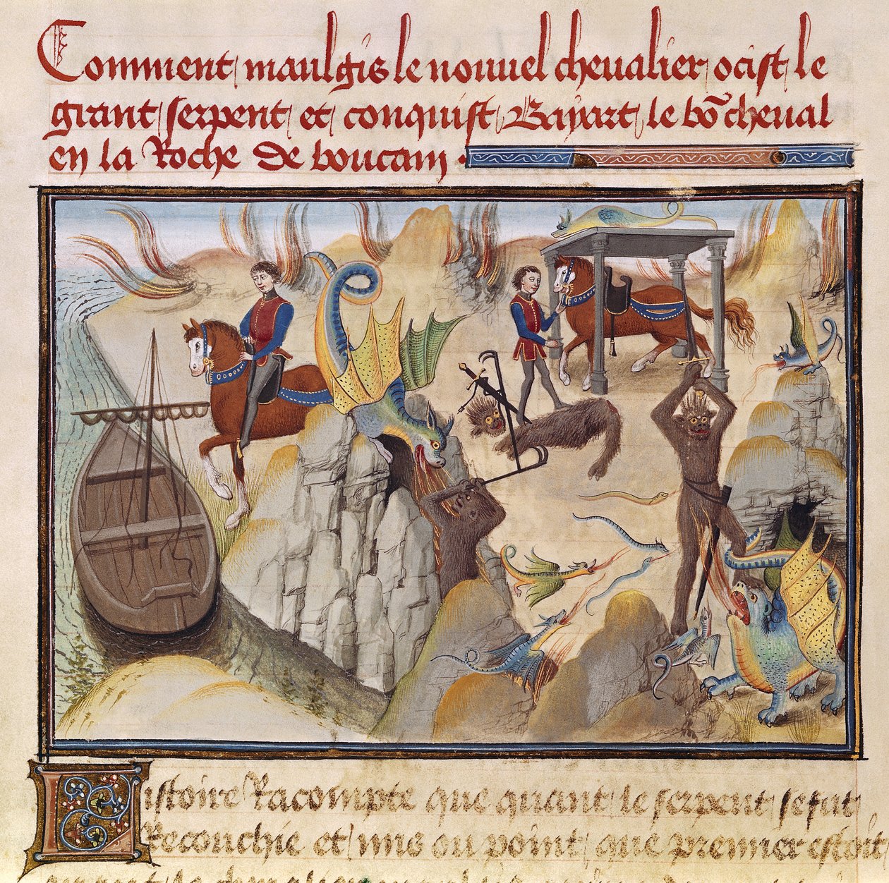 Ms 5072 fol.37vルギ・ド・モントーバンサイクルから蛇と戦い、魅惑の馬、ベヤードを手に入れるモーギス 作： ロイセットリーデット