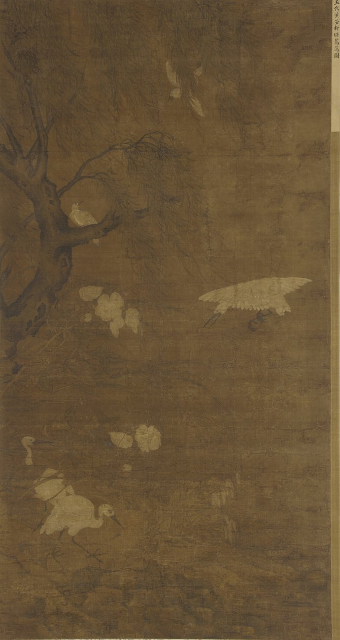 鳥、柳の木、花、明朝、15〜16世紀（絹にインクと色） 作： ルー・ジ