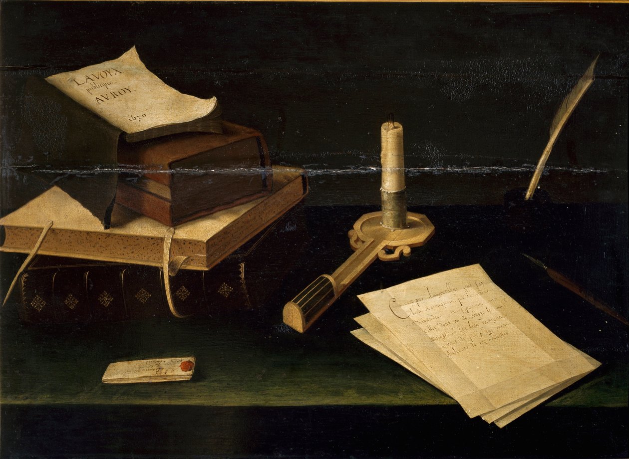 本、羽、手紙、蝋燭の静物画 リュバン・ボーギン（1610-1663） 17世紀 ローマ ガレリア・スパダ 作： ルビン・ボーギン