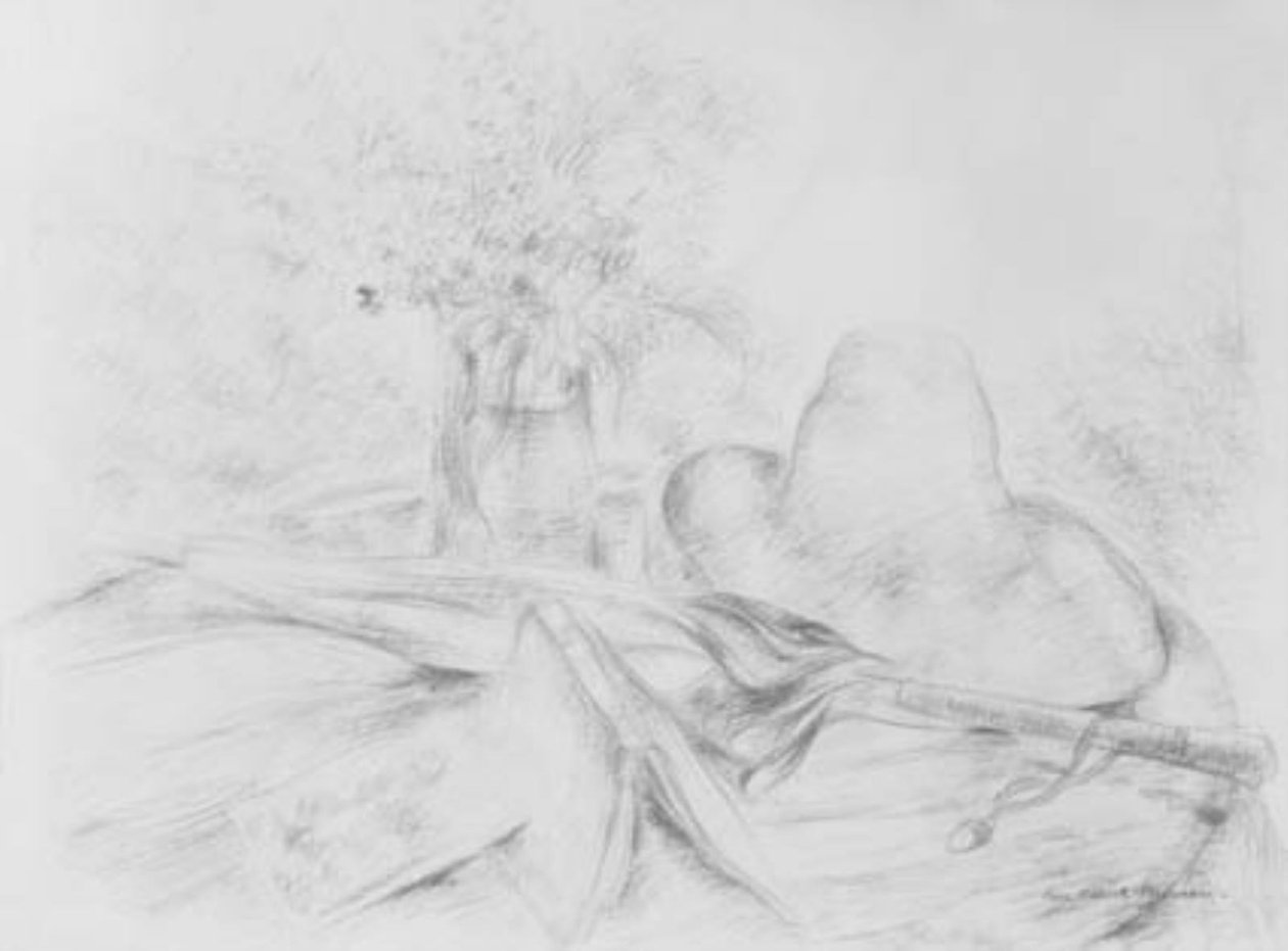 日傘、本、帽子、花瓶のアレンジメント。 作： リュック・アルバート・モロー