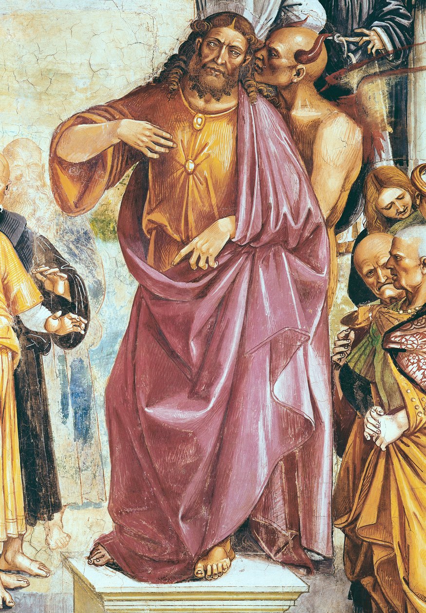 マドンナディサンブリツィオ礼拝堂からの反キリストの説教、キリストと悪魔の詳細、1499年〜1504年 作： ルカ・シニョレッリ