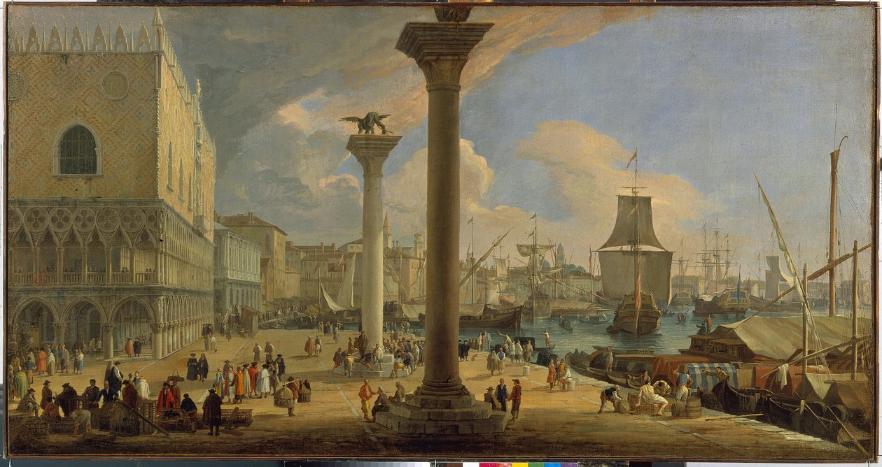 The Molo and the Ducal Palace (ベニス、イタリア) - ルカ・カルレバリス (1663-1730) 作、キャンバスに油彩、1710年頃、64x121 cm - デュカル宮殿のあるモロ、ルカ・カルレバリス作のキャンバスに油彩 - エルミタージュ国立美術館、セント-ピーターズバーグ 作： ルカ・カールバリス