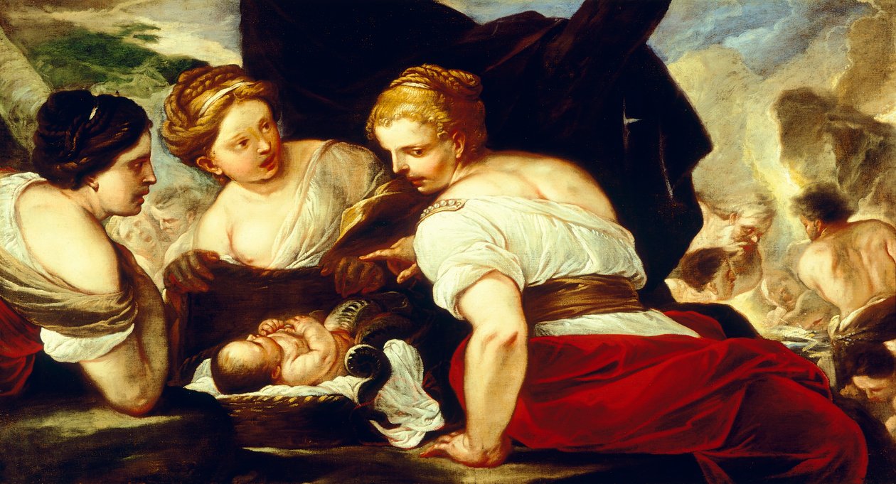 赤ん坊のエリクトニウスを入れた籠を開けるチェクロプスの娘たち、ルカ・ジョルダーノ（1634-1705）作、油彩・キャンバス、76.5x133.5cm 作： ルカ・ジョルダーノ