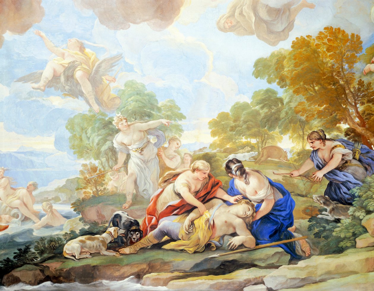 ルカ・ジョルダーノ（1634-1705）による鏡の回廊のフレスコ画「アドニスの死」（フレスコ画）、フィレンツェ、パラッツォ・メディチ・リッカルディ所蔵 作： ルカ・ジョルダーノ