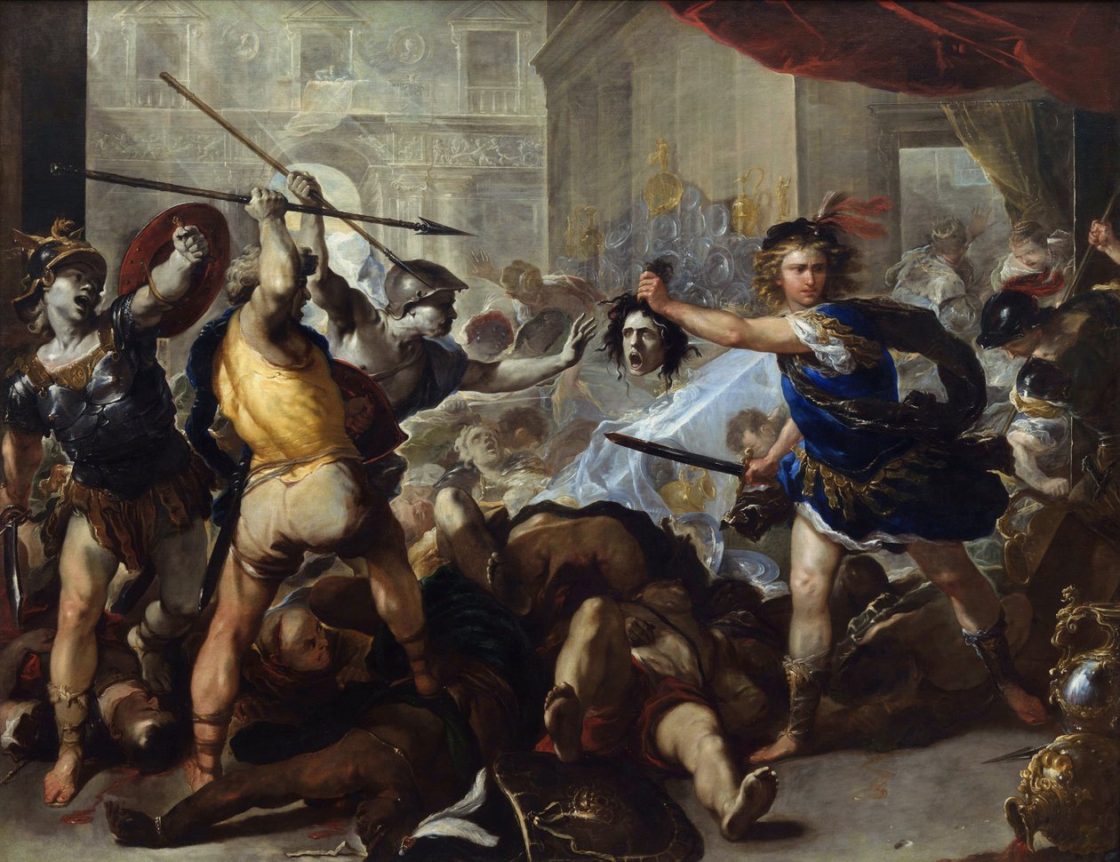 ペルセウスがフィニアスとその従者を石に変える」 ルカ・ジョルダーノ（1632-1705）による絵画 1680年頃 ナショナル・ギャラリー、ロンドン 作： ルカ・ジョルダーノ