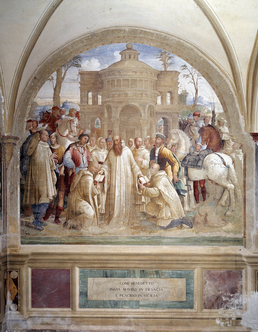 Benedikt sendet Maurus nach Frankreich und Placidus nach Sizilien. Fresko des Kreuzgangs von Luca Signorelli, das das Leben des heiligen Benedikt von Nursia (480-567) erzählt von Luca Signorelli