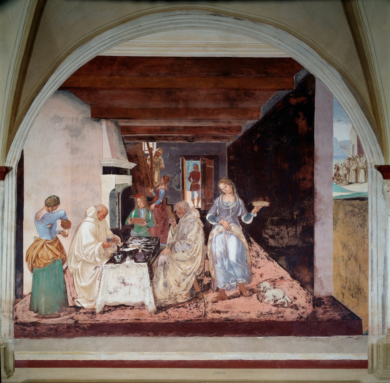 ヌルシーの聖ベネディクト（480〜547年頃）の生涯。"How Benedict told the monks where and when it is planned to eat outside the monastery" (ベネディクトは修道士たちに、いつ、どこで、修道院の外で食事をする予定なのかを伝えた) 回廊のフレスコ画制作 作： ルカ・シニョレッリ