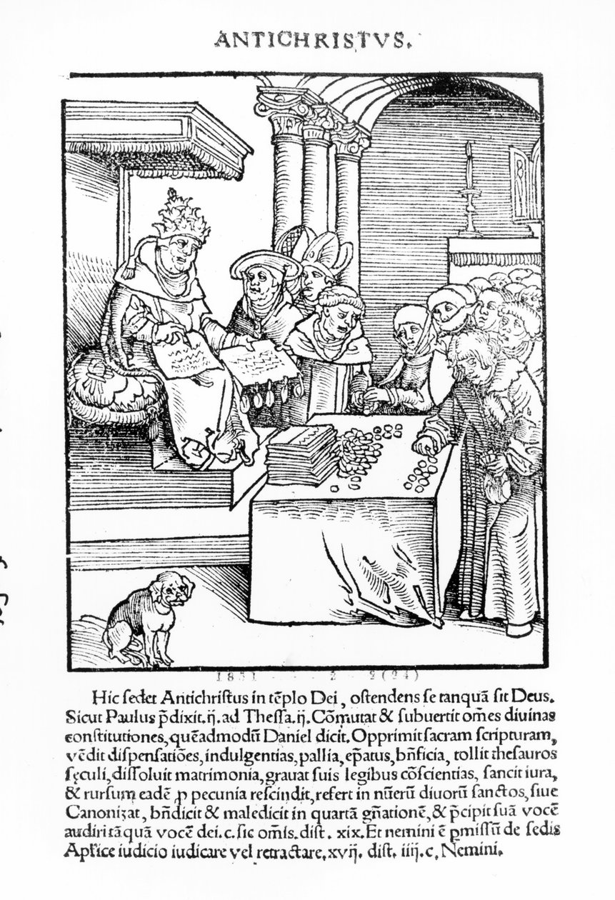 1521年に出版されたフィリップメランソンによる「パッシナルクリスティウントアンチクリスティ」からの耽溺を販売する教皇 作： ルーカス・クラナッハ・ザ・エルダー