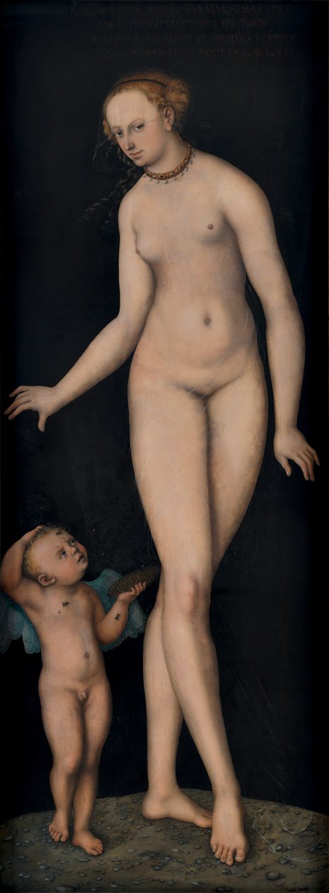 ドイツ語：Venus mit Amor als Honigdieb vor schwarzem Grund 黒い背景に蜂蜜泥棒のキューピッドとヴィーナス 作： ルーカス・クラナッハ・ザ・エルダー