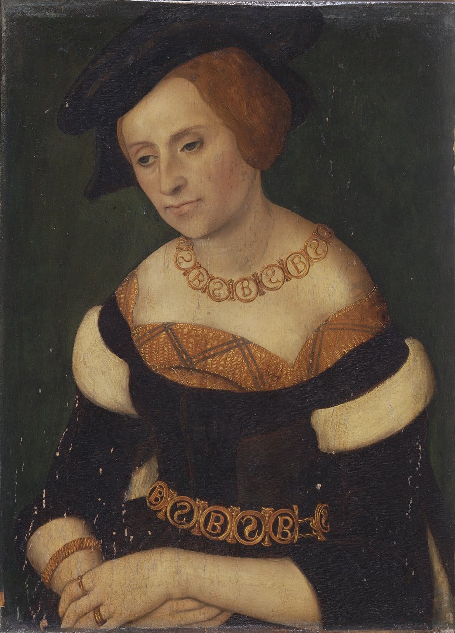 Bamp;S（Barbara et Sigismundus）モノグラムのネックレスとベルトをしたポーランド王妃バルバラ・ザポリャ（1495-1515）の肖像画 作： ルーカス・クラナッハ・ザ・エルダー