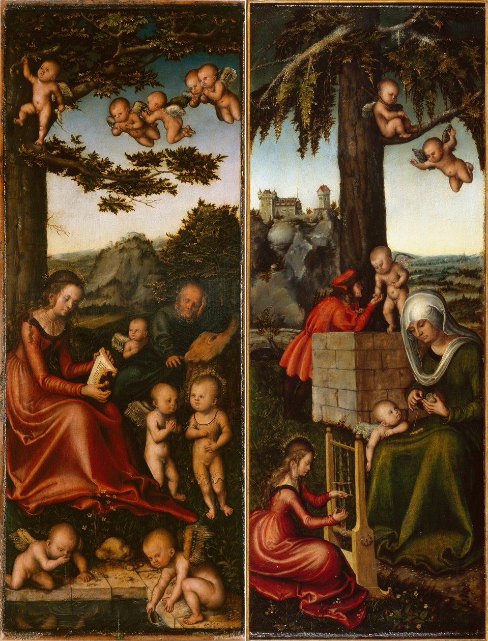 ドイツ語：Heilige Familie von Engel umgeben amp; Erziehung der Jungfrau Maria (linker und rechter Flügel eines Marienaltares) 天使に囲まれた聖家族 amp; 聖母マリアの教育 [聖母祭壇の左翼と右翼]。 作： ルーカスクラナッハ長老とワークショップ