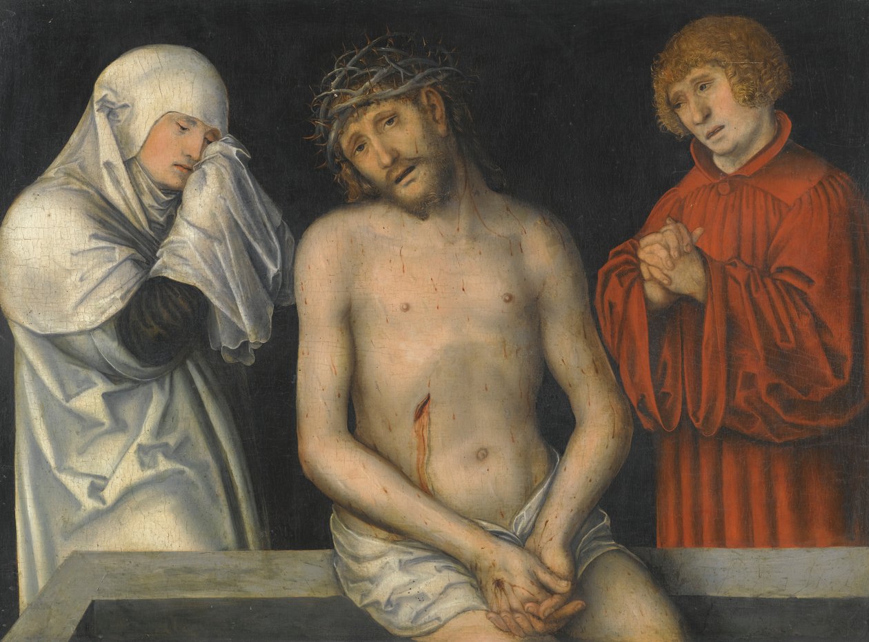 ドイツ語：Der Schmerzensmann zwischen Maria und Johannes 聖母と聖ヨハネに挟まれた悲しみの人 作： ルーカス・クラナッハ・ザ・ヤング