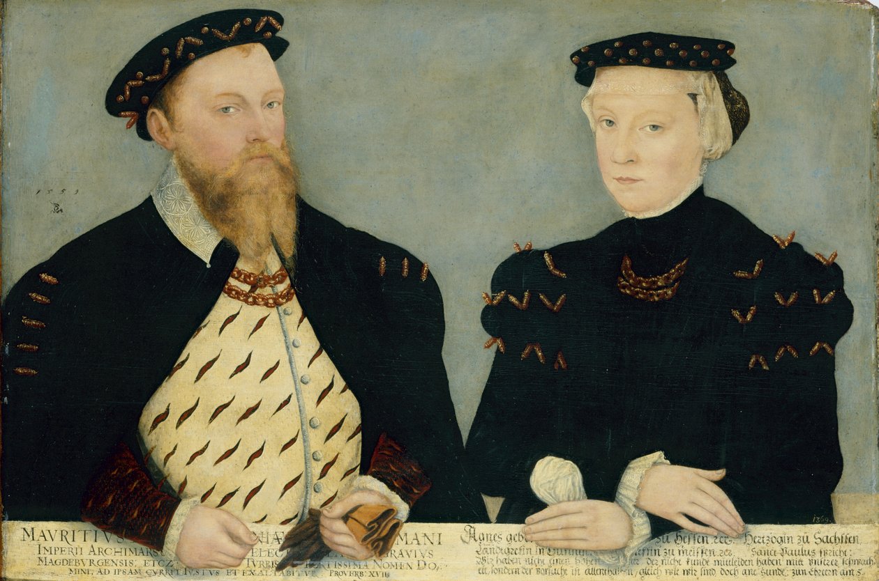 ドイツ語：ザクセン選帝侯モーリッツ（1521-1553）と妻アグネス（1527-1555） ザクセン選帝侯モーリッツと妻アグネス 作： ルーカス・クラナッハ・ザ・ヤング