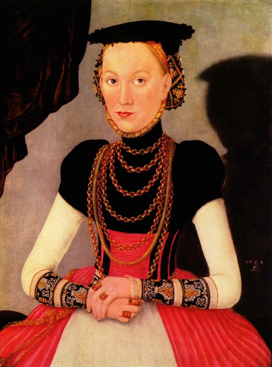 ドイツ語：Weibliches Bildnis / Bildnis einer Frau (eine geborene Hoffmann aus Leipzig) 女性の肖像／女性の肖像（ライプツィヒ生まれのホフマン？） 作： ルーカス・クラナッハ・ザ・ヤング