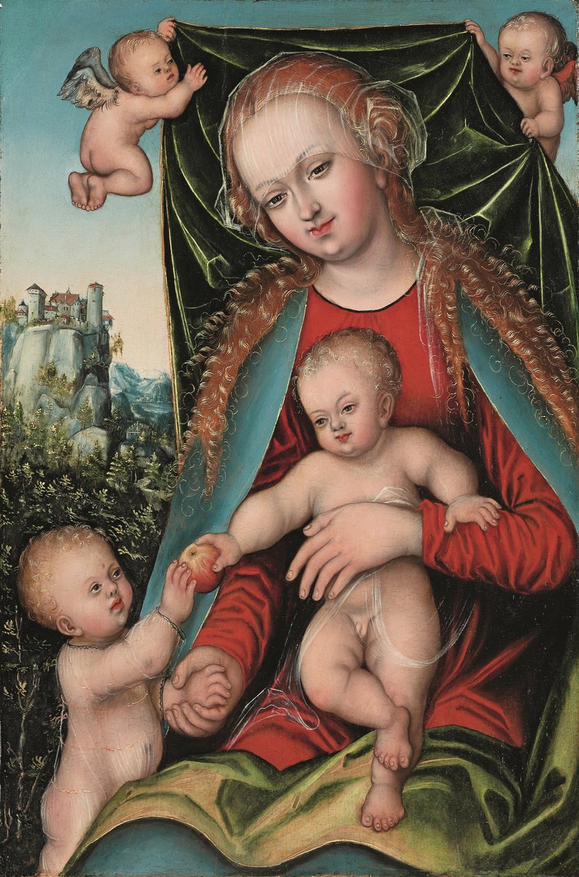 A Santíssima Virgem e o Menino com o Menino São João Batista e Anjos, paisagem de floresta com fortaleza no alto da falésia, c.1512 (óleo sobre painel) 作： Lucas The Elder (studio of) クラナッハ