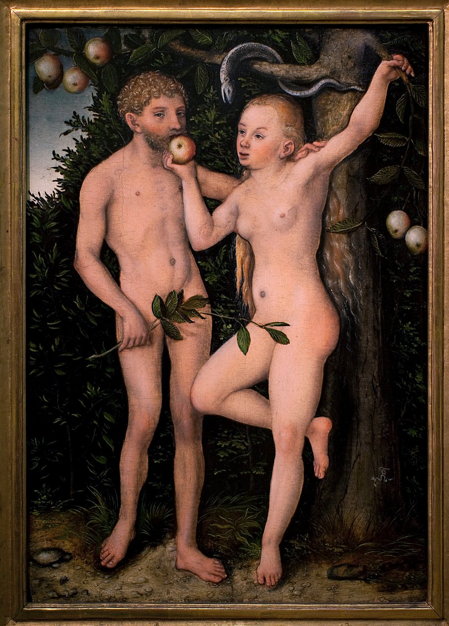 アダムとイヴルーカス・クラナッハ（1472-1553）による絵画、1538年頃。フランドル美術 16世紀チェコ共和国、プラハのシュテルンベルグ宮殿、ナショナル・ギャラリー。 作： ルーカス・ザ・エルダー・クラナハ