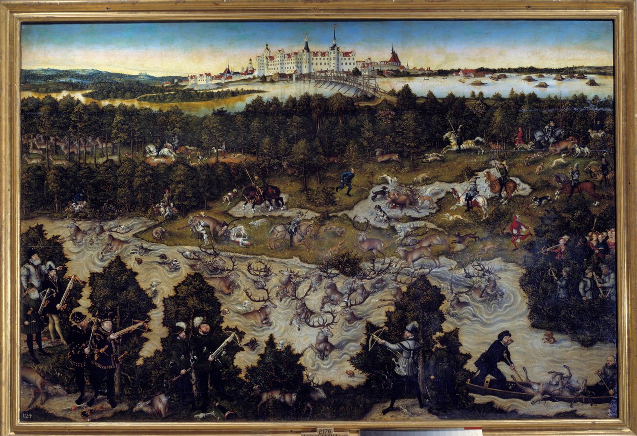 ドイツ・トルガウ城でのシャルル5世のための狩猟 ルーカス・クラナッハ（1472-1553）による絵画 1544年。マドリードプラド美術館 - ドイツのトルガウ城でのシャルル5世を讃える狩り。ルーカス・クラナッハ（1472-1553）による絵画、1544年。P 作： ルーカス・ザ・エルダー・クラナハ