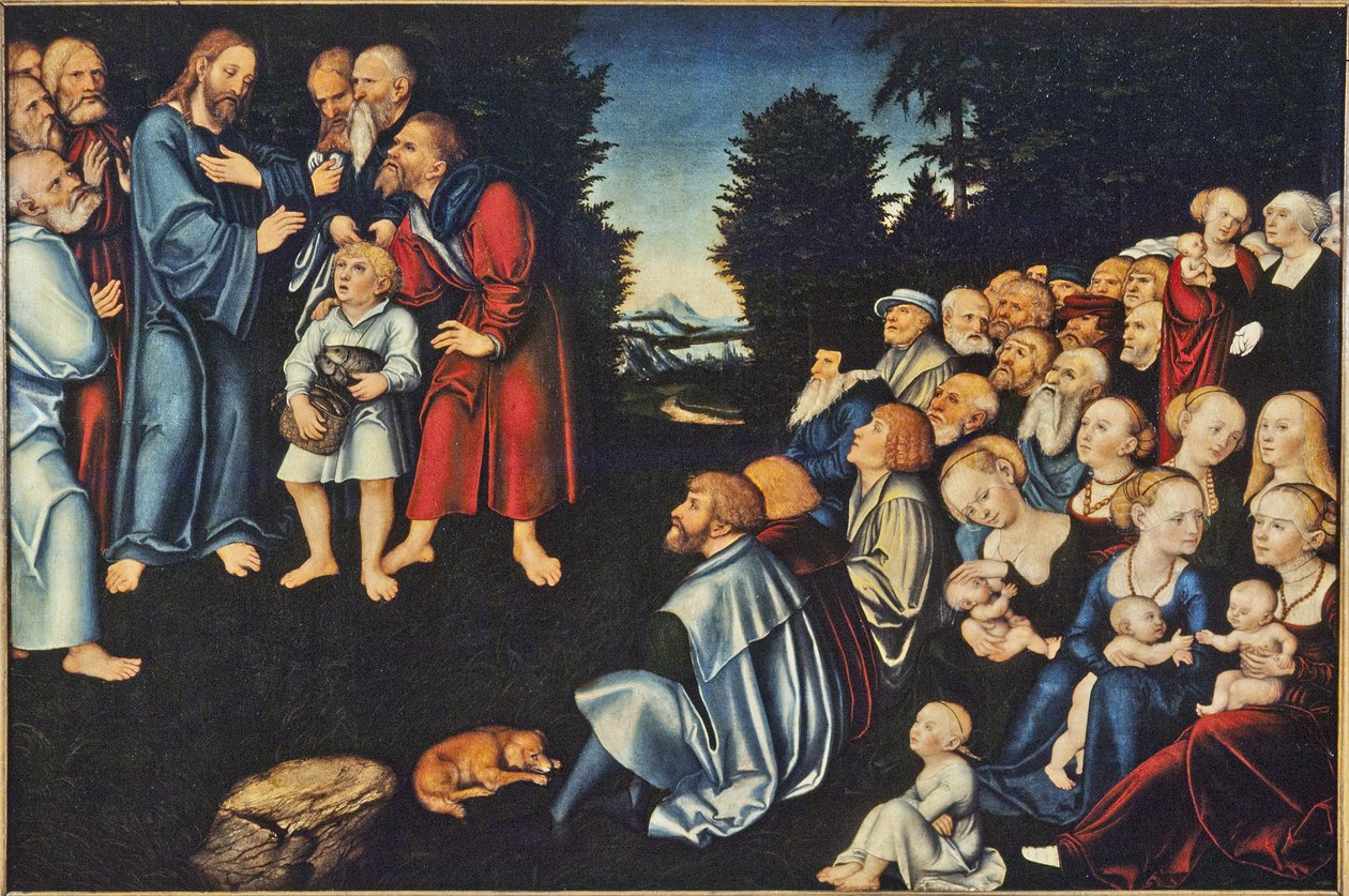 La multiplication des pains - 5つのパンと2つの魚の奇跡』クラナッハ、ルーカス、ザ・エルダー（1472-1553）作。木に油彩。寸法：82x120cm。ストックホルム国立博物館 作： ルーカス・ザ・エルダー・クラナハ