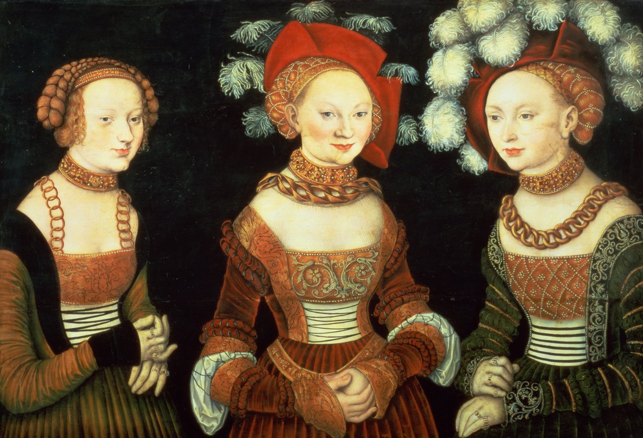 ザクセンの3人の王女、シビラ（1515-92）、エミリア（1516-91）、シドニア（1518-75）、フロムメン公ハインリヒの娘、1535年頃（パネル） 作： ルーカス・ザ・エルダー・クラナハ