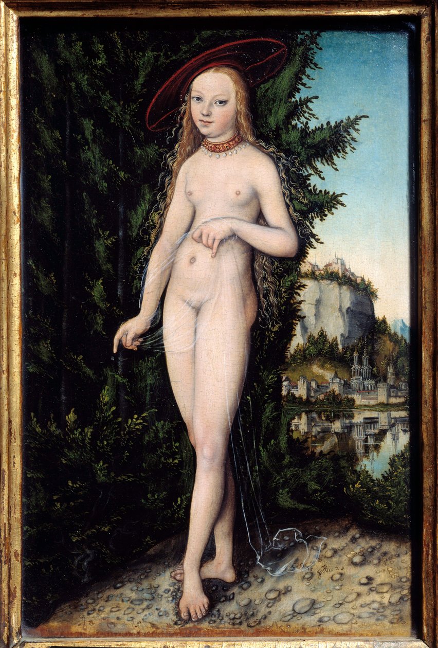 風景の中に立つヴィーナス ルーカス・クラナッハ（1472-1553）の絵画 1529年 木に油彩 寸胴0.38x0.25 m - 風景の中に立つヴィーナス。ルーカス・クラナッハ（1472-1553）の絵画 作： ルーカス・ザ・エルダー・クラナハ