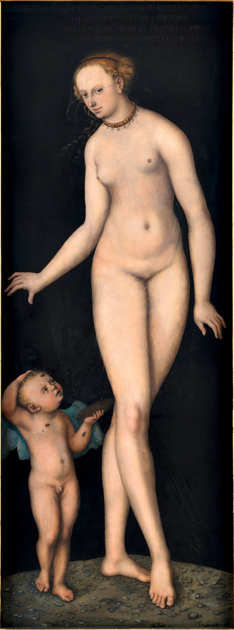 クラーナハ、ルーカス、ザ・エルダー（1472-1553）の「蜂蜜泥棒のキューピッドを持つヴィーナス」。木に油彩、1537年以降。寸法：175,4x66,3 cm。ドイツ国立博物館、ニュルンベルク 作： ルーカス・ザ・エルダー・クラナハ