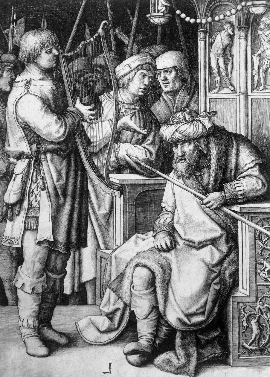 サウル王の前でハープを弾くダビデ 1508年頃 ルーカス・ファン・ライデン（約1494-1533）作、エングレーヴィング 作： ルーカス・ファン・レイデン