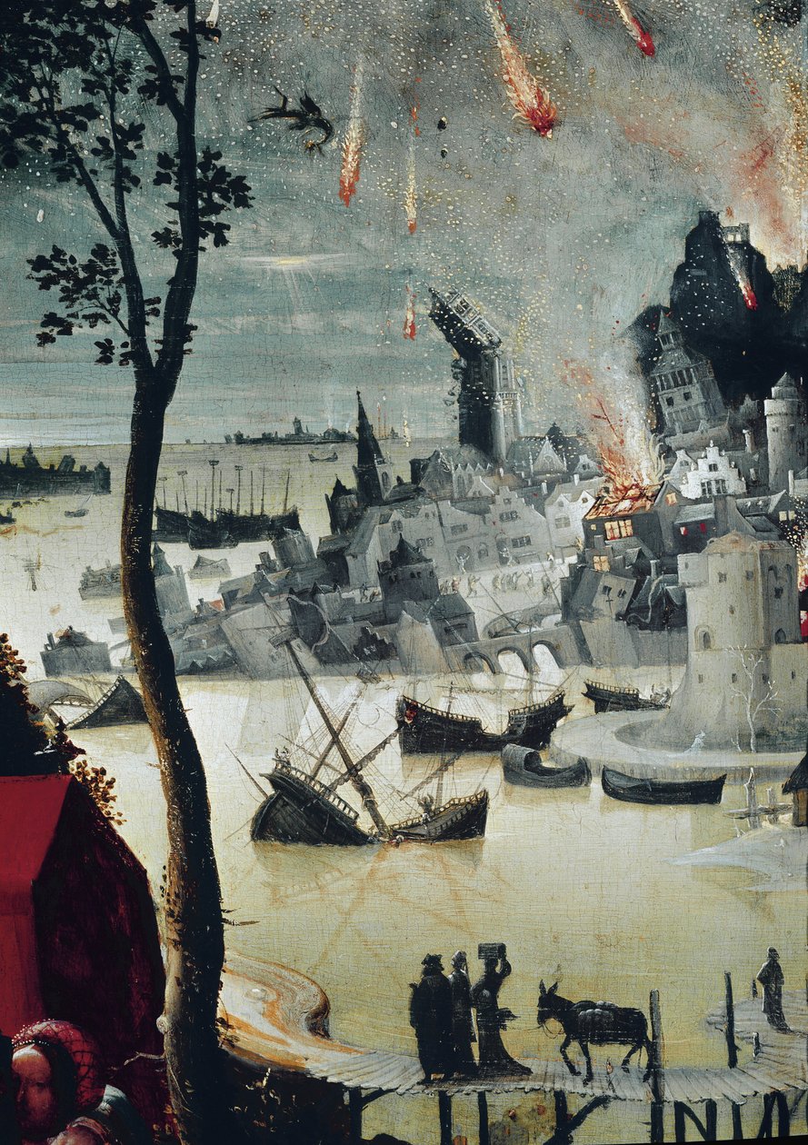ロトとその娘たち、ソドムの破壊の詳細（パネルに油彩、1517年頃 作： ルーカス・ファン・レイデン