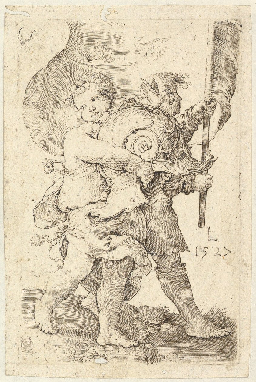 ヘルメットと標準を持った二人の少年、1527年。 作： ルーカス・ファン・レイデン