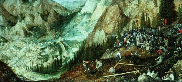 エルサレムのある風景、十字架を背負ったキリストとカルバリーの丘での準備の様子 作： ルーカス・ファン・ヴァルケンボルヒ