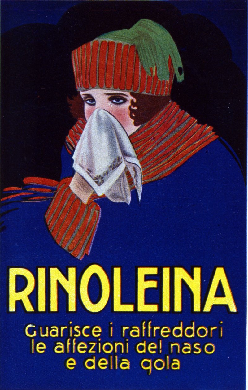 風邪、喉の痛み、咳止め薬リノレイナの広告。Lucien Achille Mauzan (1883 - 1952)によるイラスト。 作： ルチアーノ・アキレ・マウザン