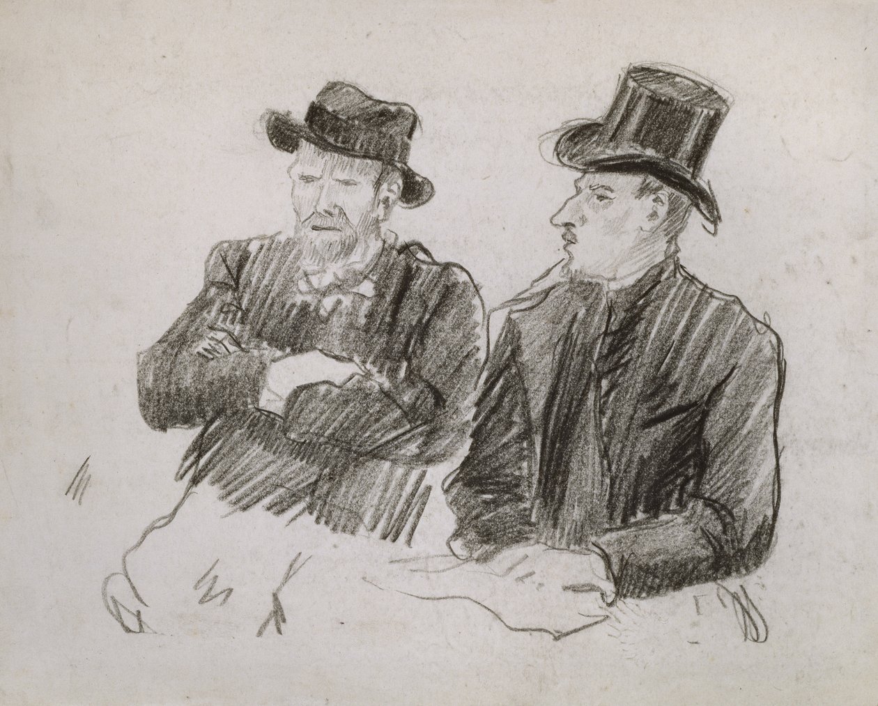 ゴッホの会話、1890（紙に黒いチョーク） 作： ルシアン・ピサロ