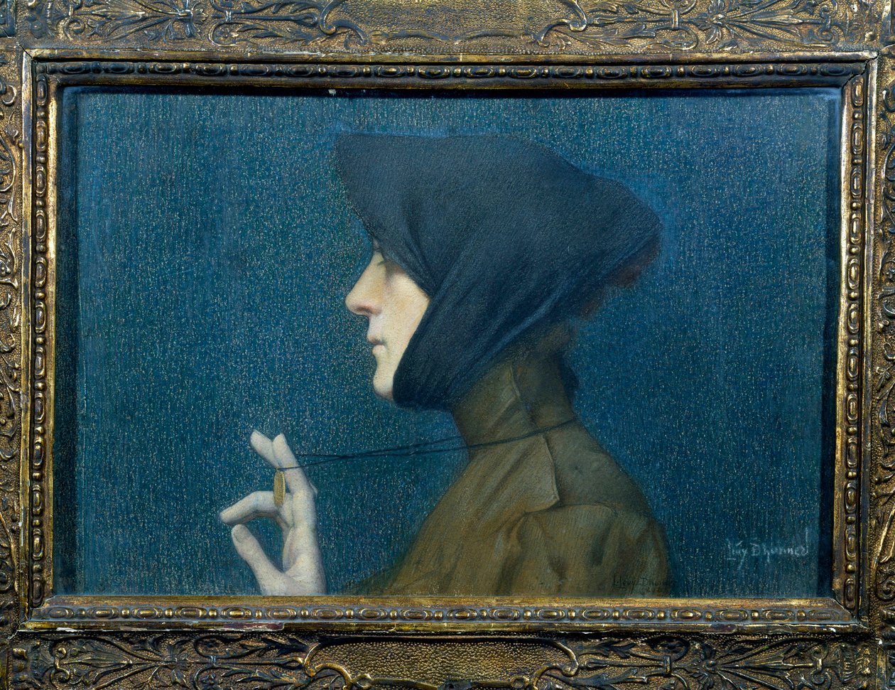 メダルを持つ女性の肖像。ペンダントを前で支える横顔の女性 作： ルシアン・レヴィ＝ダーマー