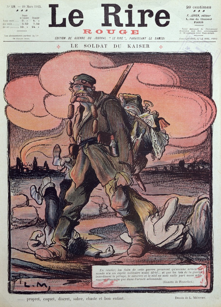 1915年3月20日、「ルリールルージュ」の表紙からのドイツ兵の風刺画 作： ルシアン・メティブ