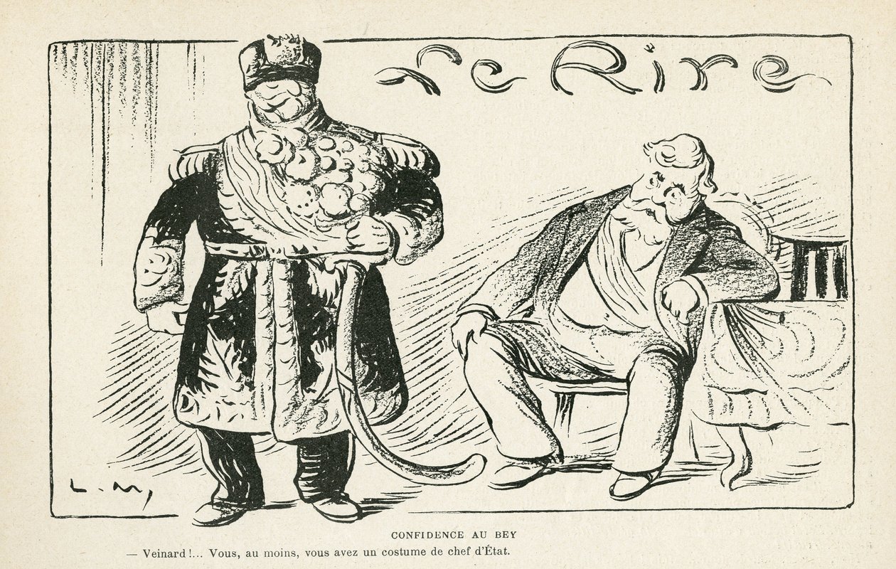 Le Rire紙27/07/12のイラスト - ベイへの信頼 - 植民地化 - Fallieres Armand (1813-1941), Naceur Bey (Mohamed el-Naceur Bey) (1855-1922) (エングレービング) 作： ルシアン・メティブ