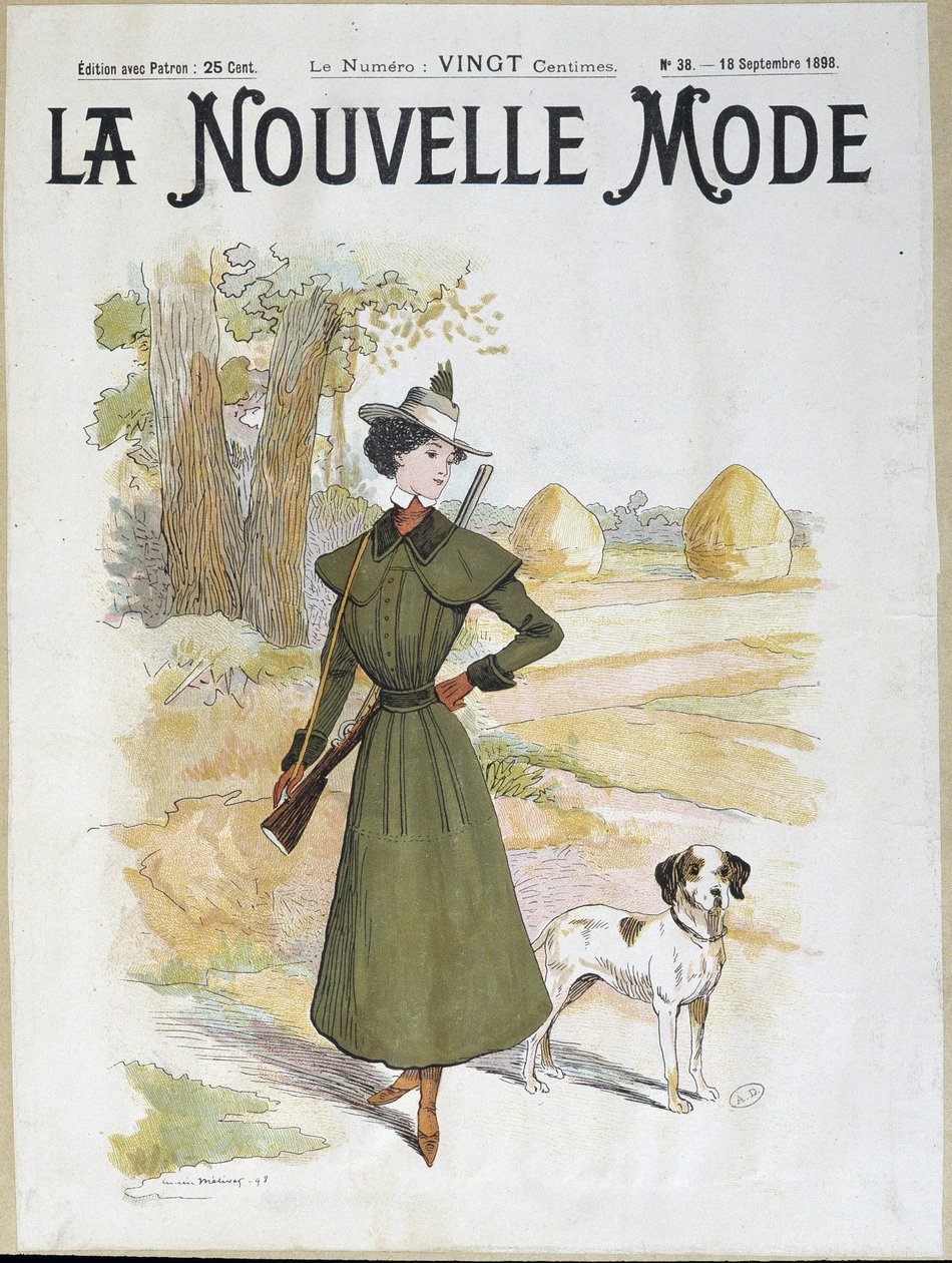 ライフルを持った狩猟服の女性 - 1898年9月の「ラ・ヌーベル・モード」より 作： ルシアン・メティブ
