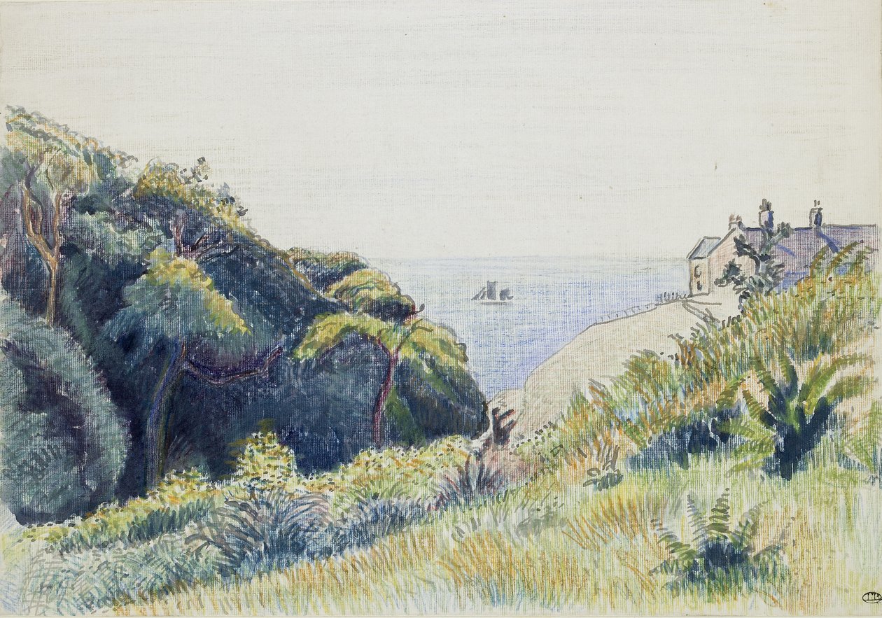 The Coastguards House、Ecclesbourne、1918（テクスチャ紙にペンとグレーのインクと色のクレヨン） 作： ルシアン・ピサロ