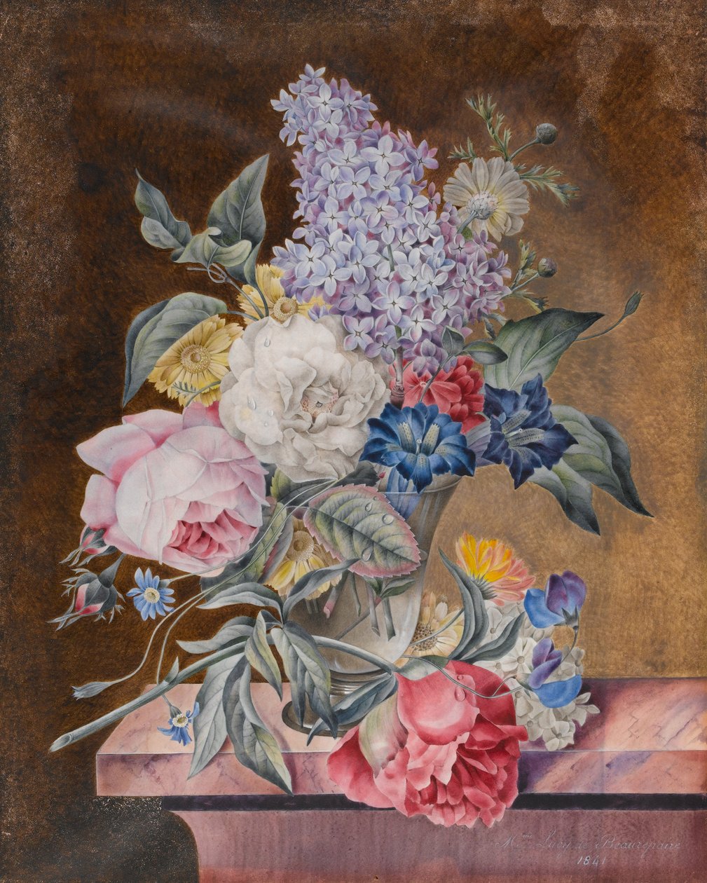 大理石の棚にあるバラとライラックを含む花瓶の花、1841年（ベラムのトイレットとボディカラー） 作： ルーシー・ド・ボーレペール