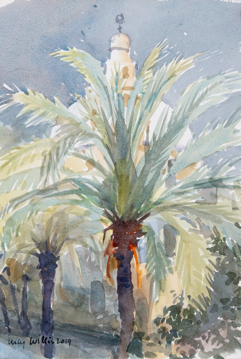 Old City Palms I、エルサレム、2019年（紙にw - c） 作： ルーシーウィリス