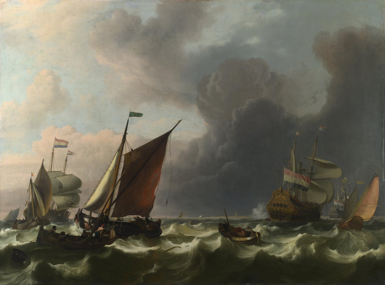 1683年、エンクホイゼン沖の爽やかなそよ風の中のオランダの戦士と小型船 作： ルドルフ・バクホイゼン