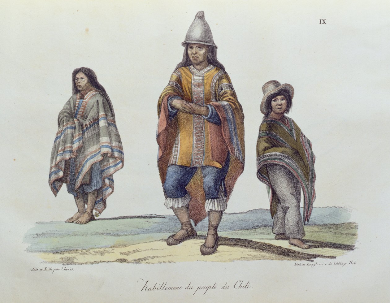 1822年に公開されたVoyage Pittoresque Autour du Mondeのチリの人々の衣装 作： ルートヴィヒ・チョリス