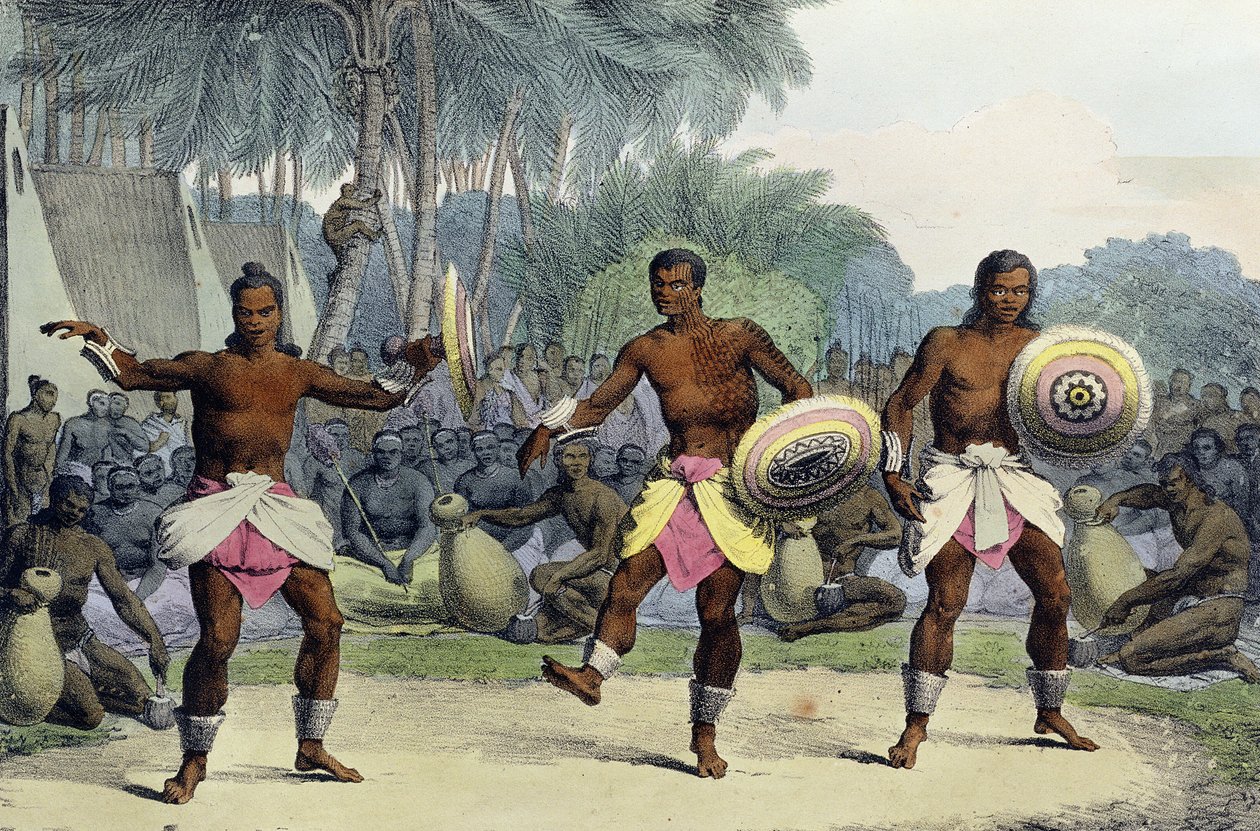 ジャンオーギュスタンフランケラン（1798-1839）によって刻まれた「航海のピトレスクオートゥールデュモンド」からのサンドイッチ諸島ダンスの先住民、1822年 作： ルートヴィヒ・チョリス