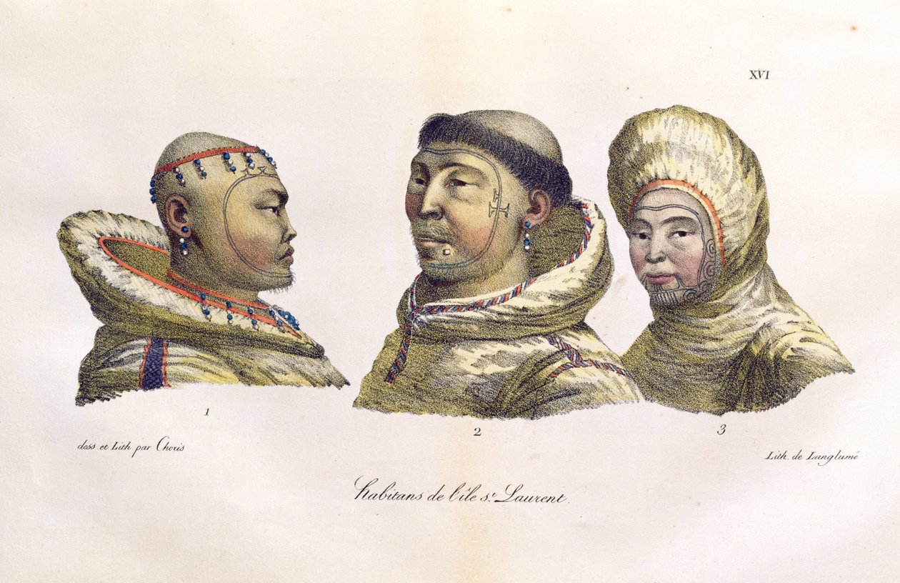 アラスカのセントローレンス諸島の先住民、「世界一周する絵のような航海」、1822年 作： ルートヴィヒ・チョリス