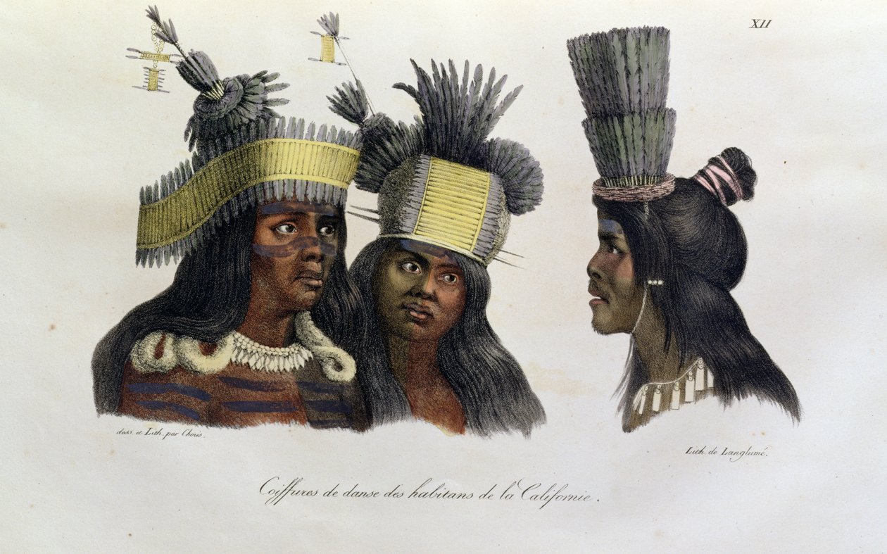 カリフォルニアの原住民が着用した儀式の頭飾り、1822年に出版された &39;Voyage Pittoresque Autour du Monde&39;から 作： ルートヴィヒ・チョリス