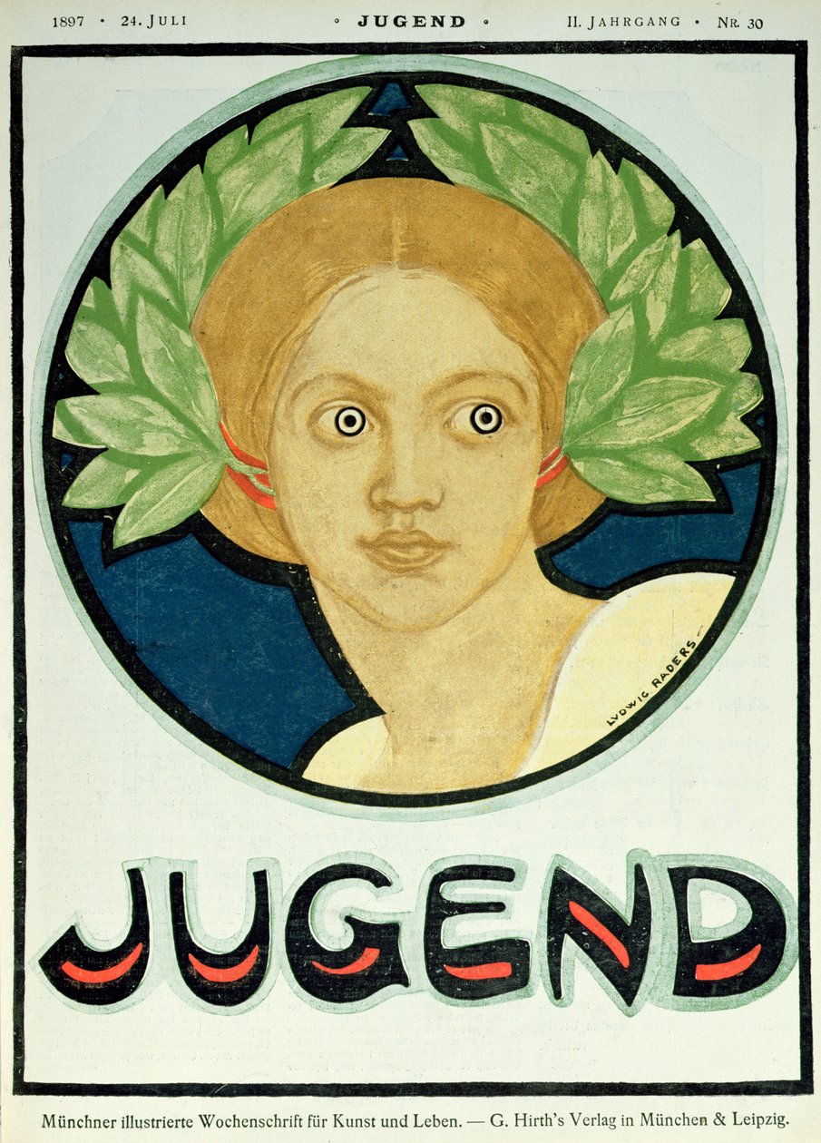 月桂樹の花輪を持つ若い女性、「Jugend」誌のイラスト、1897年7月24日 作： ルートヴィヒレーダー