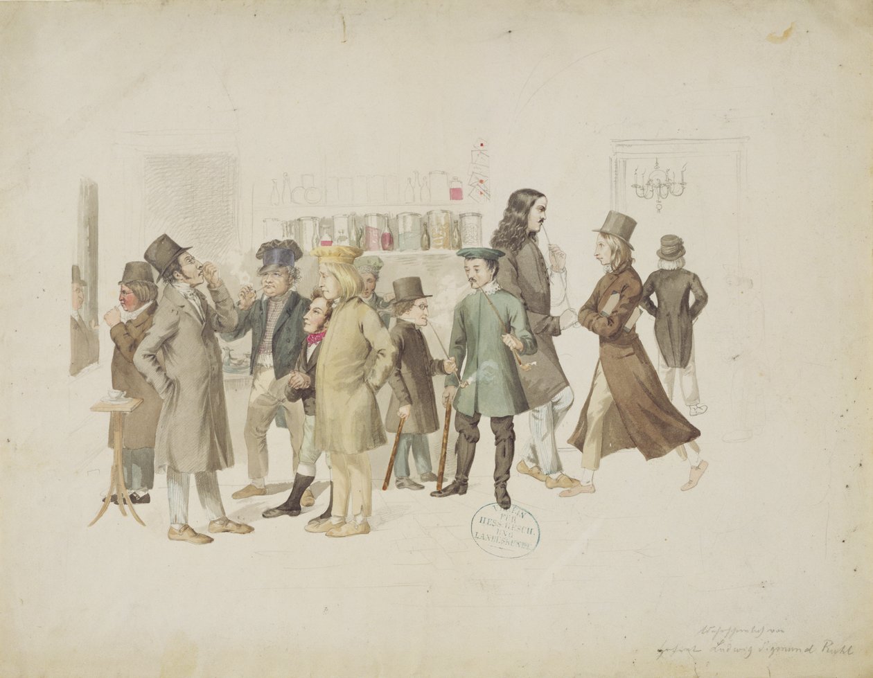 カフェグレコのドイツ人アーティスト（紙にグラファイトとトイレ） 作： ルートヴィヒ・ジギスムント・ルール