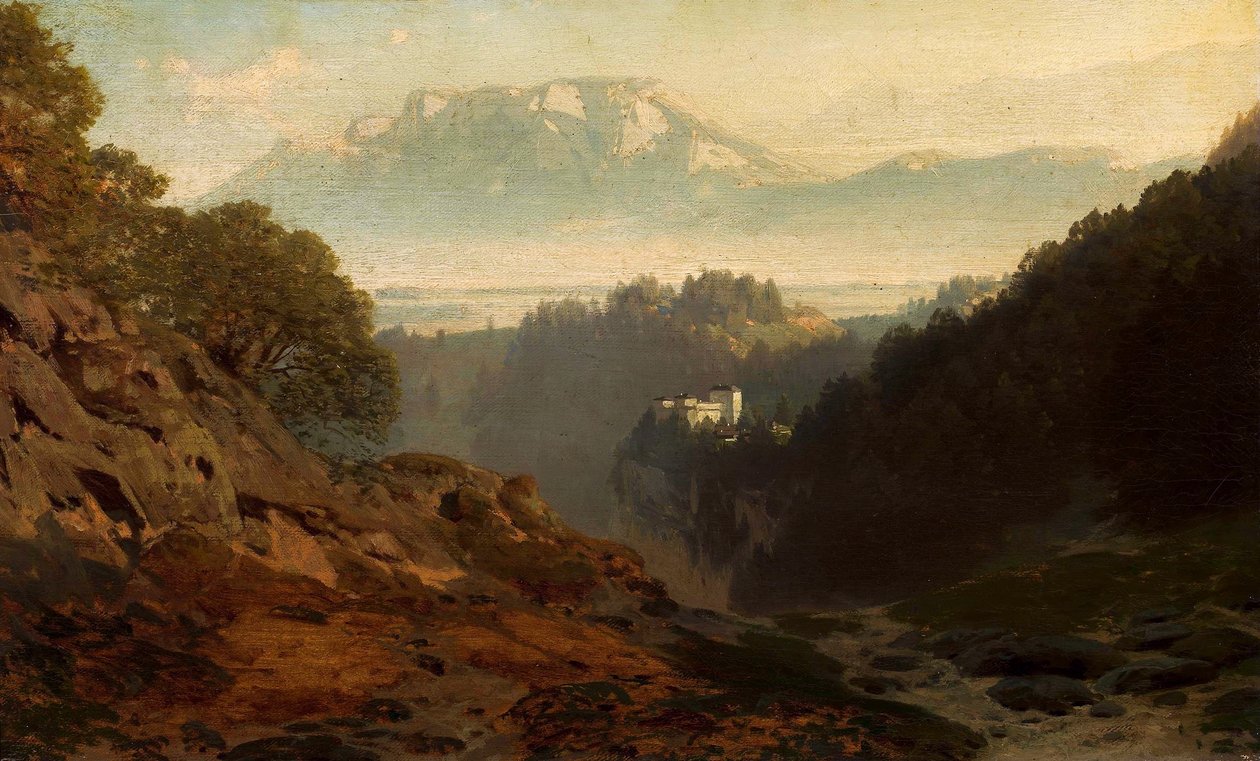 城のある山の風景。 作： ルートヴィヒ・ウィルロイド