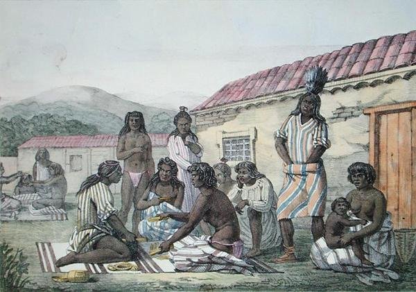 ジャン・ピエール・ノルブラン（1745-1830）が彫刻し、1822年に出版された「Voyage Pittoresque Autour du Monde」より、カリフォルニアの原住民が行ったゲーム（カラーリトグラフ）。 作： ルートヴィヒ・チョリス